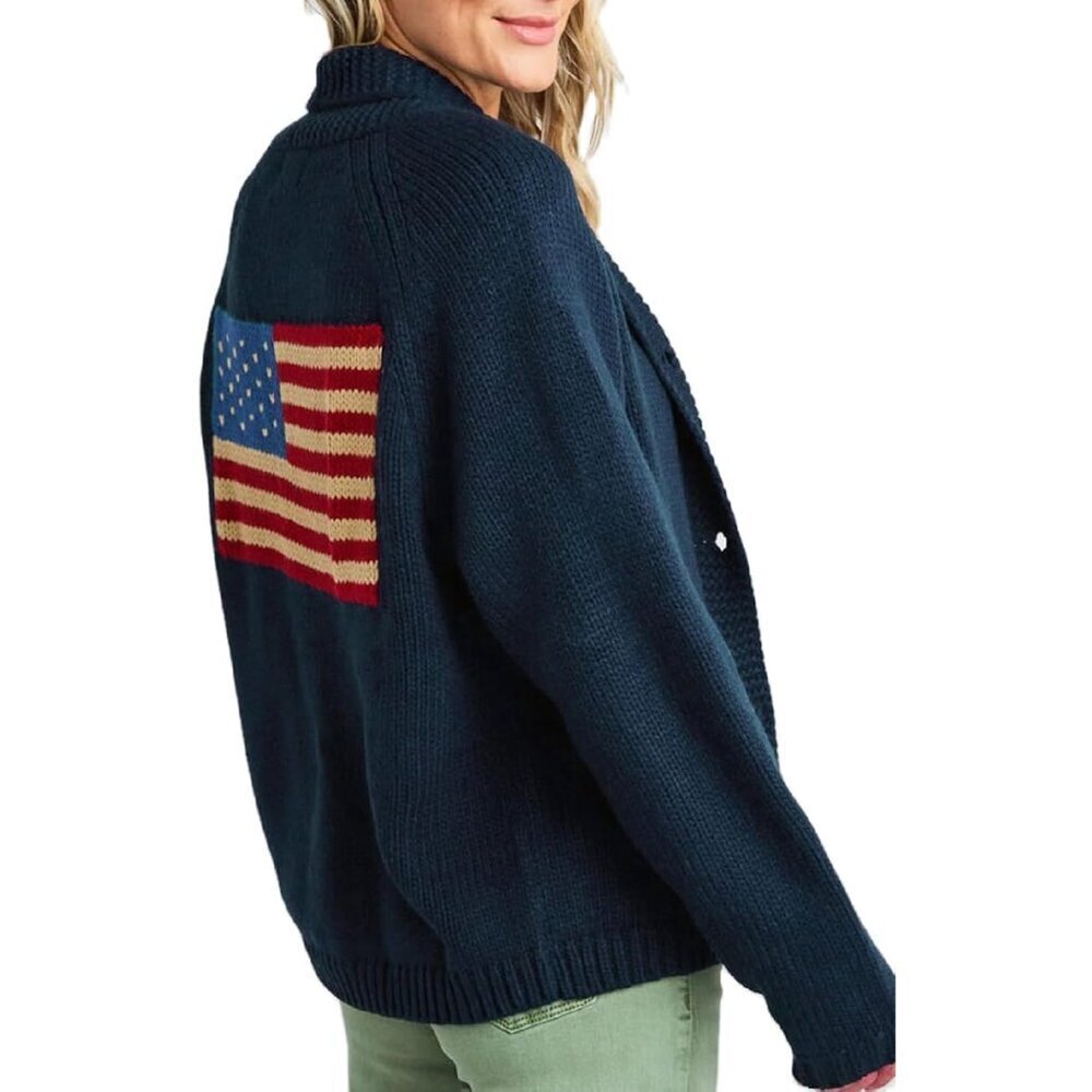 Women American Flag Knit Sweater Cardigan Vintage Stars Stripes Open Front Casua